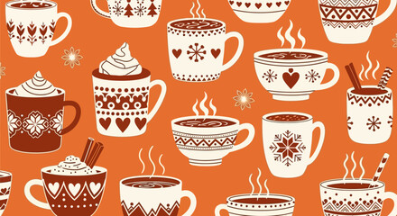 Cozy seamless pattern featuring cute, decorated mugs of hot chocolate, coffee, and tea with winter ornaments on an orange background.