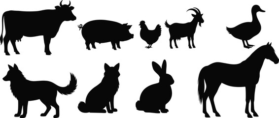 Silhouettes of various farm animals including cow, pig, chicken, goat, duck, dog, rabbit, and horse in vector illustration style, black and white.