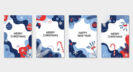 Set of Christmas and New Year greeting cards with abstract shapes and festive elements in red, white, and blue.