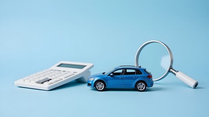 Calculate your car loan with this blue car, calculator and magnifying glass still life perfect for finance, loan, and automotive businesses advertising online