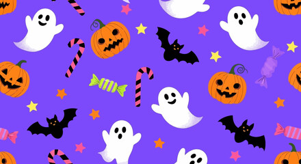 Halloween Fun Spooky Ghost, Pumpkin, Candy & Bat Pattern on Purple Background