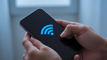Stay connected with this sleek smartphone showing a vibrant blue wifi icon held by a person, conveying instant access and modern connectivity