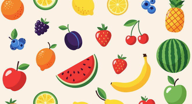A colorful pattern of various fresh fruits illustrated in a flat cartoon style on a light background.