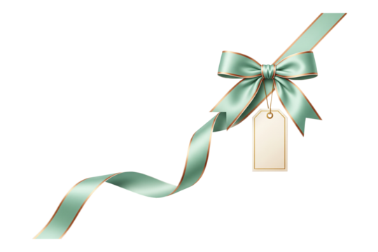 Mint Green Gift Ribbon Bow with Blank Tag Isolated on White , Transparent ,Png for Christmas Holiday Birthday Present Decoration