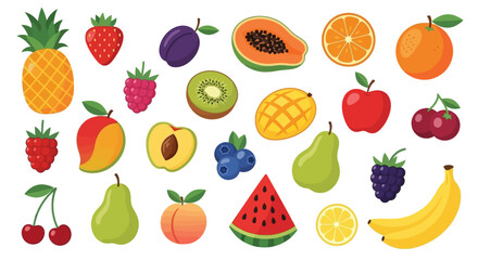 A vibrant and colorful collection of various cartoon-style fruits and berries isolated on a white background.