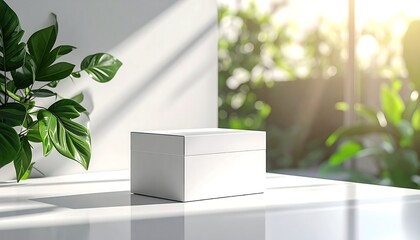 Minimalist Product Display - White Box with Natural Light and Greenery.
