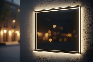 Sleek modern illuminated square on wall reflecting city lights at night, perfect for contemporary architectural design and interior design projects
