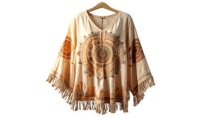 Fototapeta premium boho-chic tunic with hand-printed mandala designs and fringe detailing, natural cotton, isolated on transparent background, PNG format
