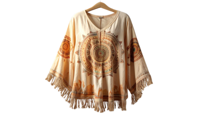 boho-chic tunic with hand-printed mandala designs and fringe detailing, natural cotton, isolated on transparent background, PNG format
