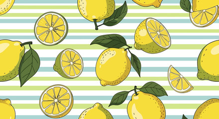 A vibrant pattern featuring lemons, some whole, some sliced, with green leaves, set against a striped background.