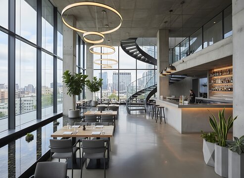 Experience modern dining in a stylish restaurant with city views, perfect for elegant gatherings and upscale events in a contemporary setting