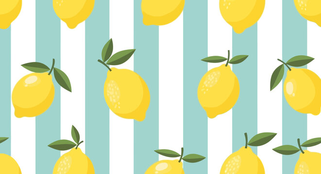 Seamless pattern of fresh yellow lemons with green leaves on a light blue and white striped background.