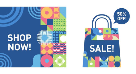 Colorful Geometric Shopping Bags and Promotional Sale Banner