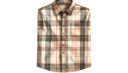 men’s casual button-down shirt with subtle plaid pattern in earthy tones, isolated on transparent background, PNG format.