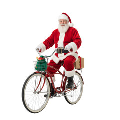 Fototapeta premium PNG cut out isolated background. A studio shot of a cheerful Santa Claus riding a vintage red cruiser bicycle loaded with wrapped Christmas gifts in both the front wicker basket and on the rear rack.