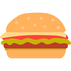 A simple illustration of a hamburger with a sesame seed bun filled with lettuce tomato and a meat patty on a transparent background