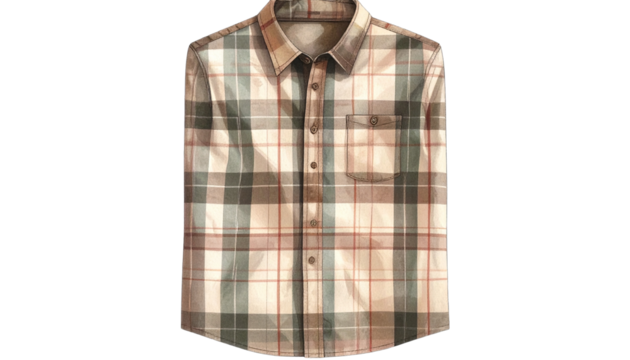 men’s casual button-down shirt with subtle plaid pattern in earthy tones, isolated on transparent background, PNG format.