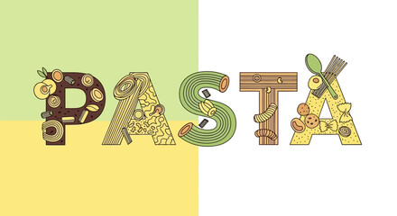 Colorful illustration of the word "PASTA" with each letter creatively designed with food elements.