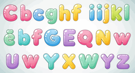 Colorful alphabet letters in a cartoon style, resembling bubble letters, arranged in rows against a light background.
