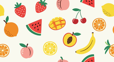 A vibrant and colorful pattern of various fresh fruits like strawberries, watermelons, oranges, lemons, mangoes, peaches, cherries, and bananas.