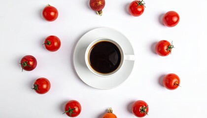 Scattered Vibrant Red Cherry Tomatoes and Festive Pine Tree Decorations Arranged Around a White Cup of Black Coffee on a Clean White Surface Illuminated by Soft Overhead Light