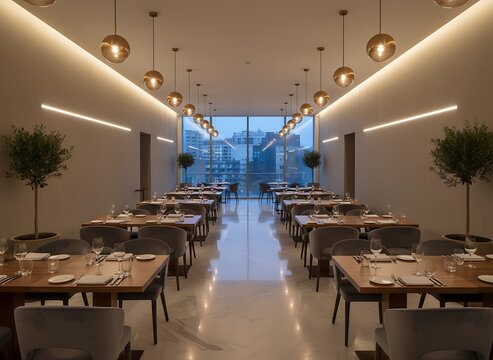 Elegant restaurant interior ready for diners with city view, offering a sophisticated ambiance for memorable dining experiences and culinary excellence