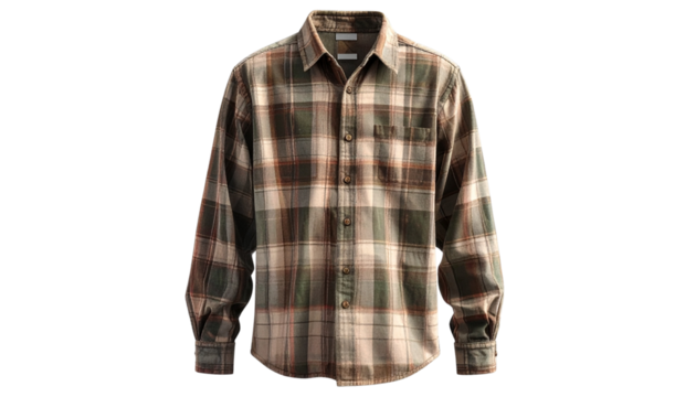 men’s casual button-down shirt with subtle plaid pattern in earthy tones, soft cotton texture, isolated on transparent background, PNG format. - Powered by Adobe
