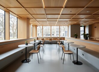 Obraz premium Inviting cafe interior with modern wood design, comfortable seating, and natural light creates a relaxing atmosphere perfect for coffee or casual meetings