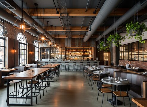 Dine in style at this sleek, modern restaurant with industrial chic decor and inviting ambiance, perfect for a memorable culinary experience and social gatherings