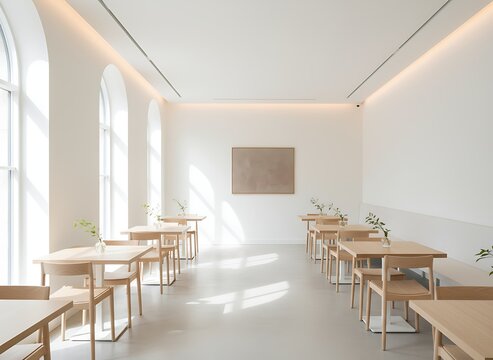 Elegant cafe interior bathed in sunlight, perfect for a relaxing brunch or productive work session in a minimalist, stylish atmosphere