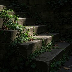 Rough stone staircase disappears into deep shadow overgrown with vibrant green foliage