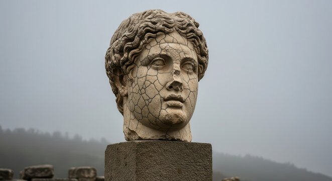 Ancient marble sculpture head exhibits extensive surface cracking against a muted, foggy background - Powered by Adobe