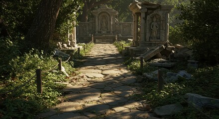 Ancient stone pathway leads toward weathered classical ruins overgrown by lush jungle foliage