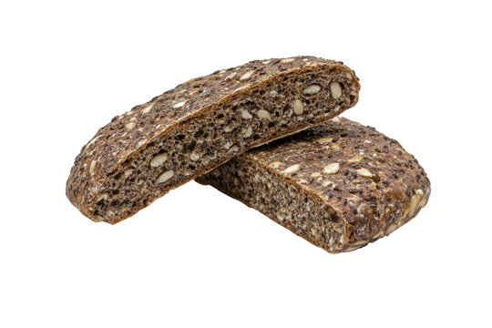 Two slices of dark multigrain bread isolated on transparent background, a healthy and nutritious option with visible seeds, perfect for sandwiches or toast, offering a rustic texture