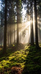 Sun rays stream through tall trees in a lush, green forest, illuminating the mossy ground. A peaceful, natural scene (1)