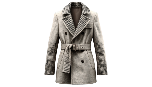 Realistic tailored trench coat with asymmetrical belt and houndstooth pattern, subtle wool texture, isolated on transparent background, PNG format