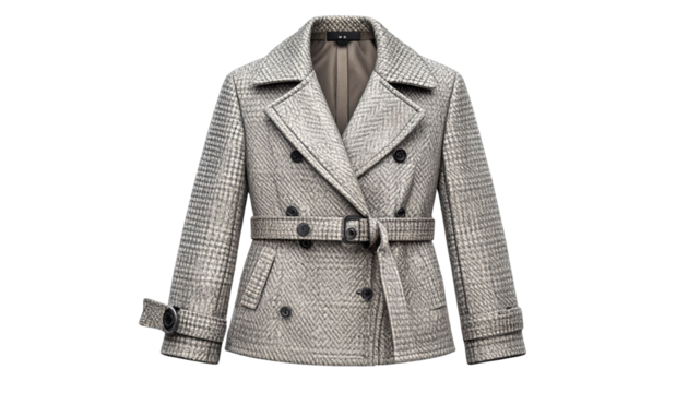 tailored trench coat with asymmetrical belt and houndstooth pattern, subtle wool texture, isolated on transparent background, PNG format