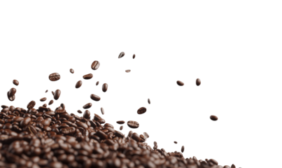 Scattered coffee beans isolated on transparent background, displaying their rich brown color and characteristic shape, often used for brewing a stimulating beverage