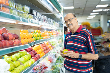 Senior indian man purchasing fruit at fruit shop. Healthy lifestyle concept.