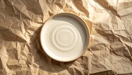 Overhead view of a white ceramic plate with concentric circle pattern resting on crumpled brown craft paper illuminated by warm overhead lighting creating natural shadows