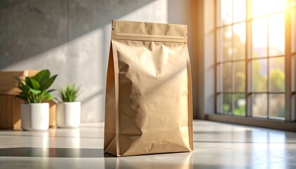 Brown paper bag mockup with sunlight and plants.