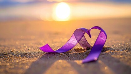 Purple ribbon forming a heart shape on sandy beach during golden hour sunset with bokeh background
