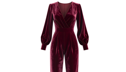 velvet jumpsuit with deep V-neckline, tailored fit, and rich burgundy color, isolated on transparent background, PNG format