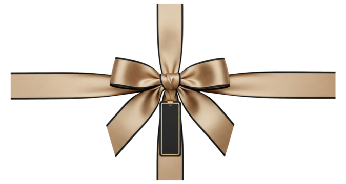 Gold and Black Gift Ribbon Bow with Blank Tag Isolated on White for Christmas, Birthday, and Holiday Present Decoration(Transparent ,Png)