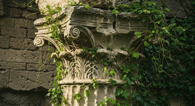 Fototapeta Ancient stone architectural column capital entwined with lush green foliage