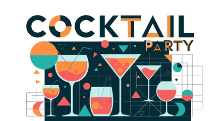 Cocktail Party Invitation with Geometric Details and Beverage Illustrations