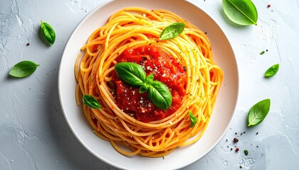 Round Plate of Spaghetti with Tomato Sauce and Basil Garnish on a Light Gray Textured Surface with Scattered Green Leaves and Black Pepper
