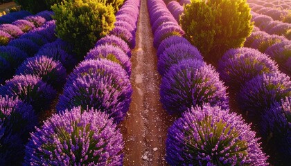Rows Of Vibrant Purple Lavender Flowers In A Field At Sunset With Golden Sunlight Shining Through Green Bushes And Casting Soft Light