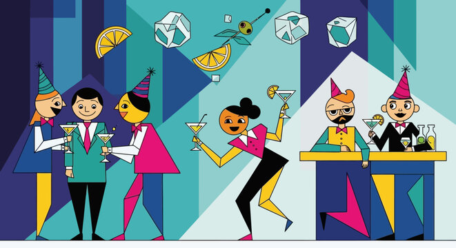 Geometric Celebration A Colorful Cocktail Party with Abstract Designs and Festive Atmosphere