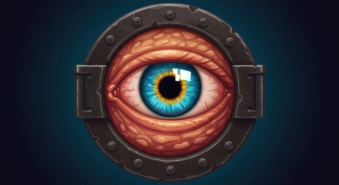 Stylized organic eye stares through a heavy metal circular portal - Powered by Adobe